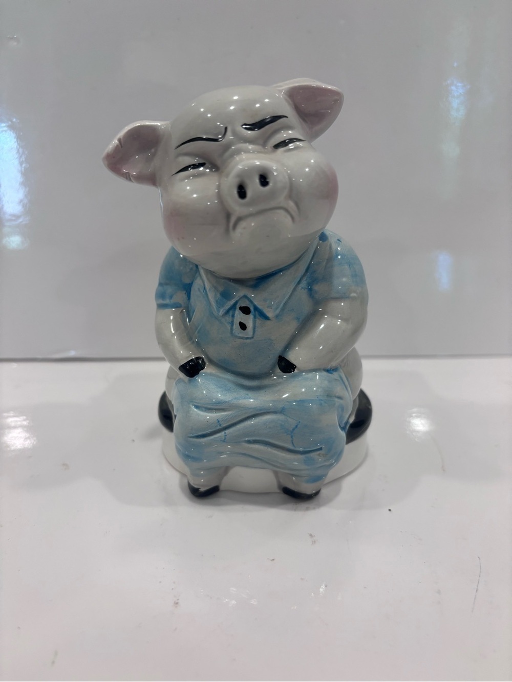 Vintage Ceramic Pig Figurine Piggy Bank On Toilet 5” Original Stopper
